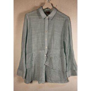 Chico's Blue Striped Button-Up Ruffle Tunic Top Shirt Size 2 Cotton Long Sleeve